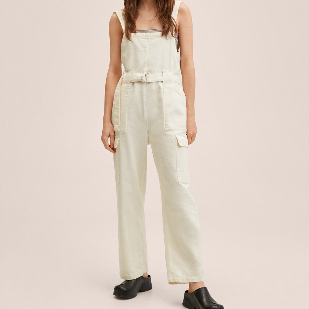 Mango Straight Denim Dungarees in Ivory Small NWT - Picture 3 of 11